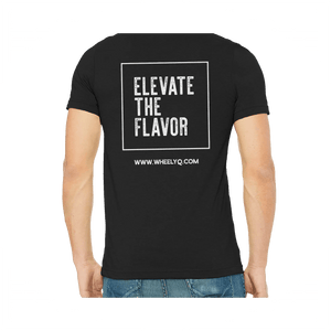 A heather black colored t-shirt with the Elevate The Flavor logo and www.wheelyq.com on the back.