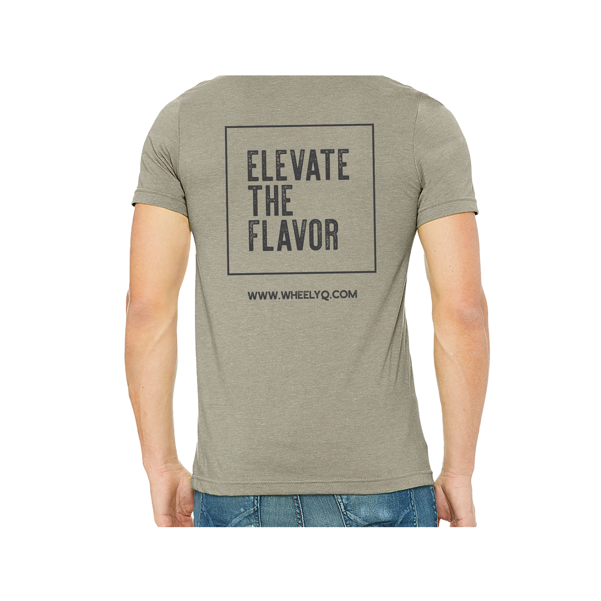 A heather stone colored t-shirt with the Elevate The Flavor logo and www.wheelyq.com on the back.