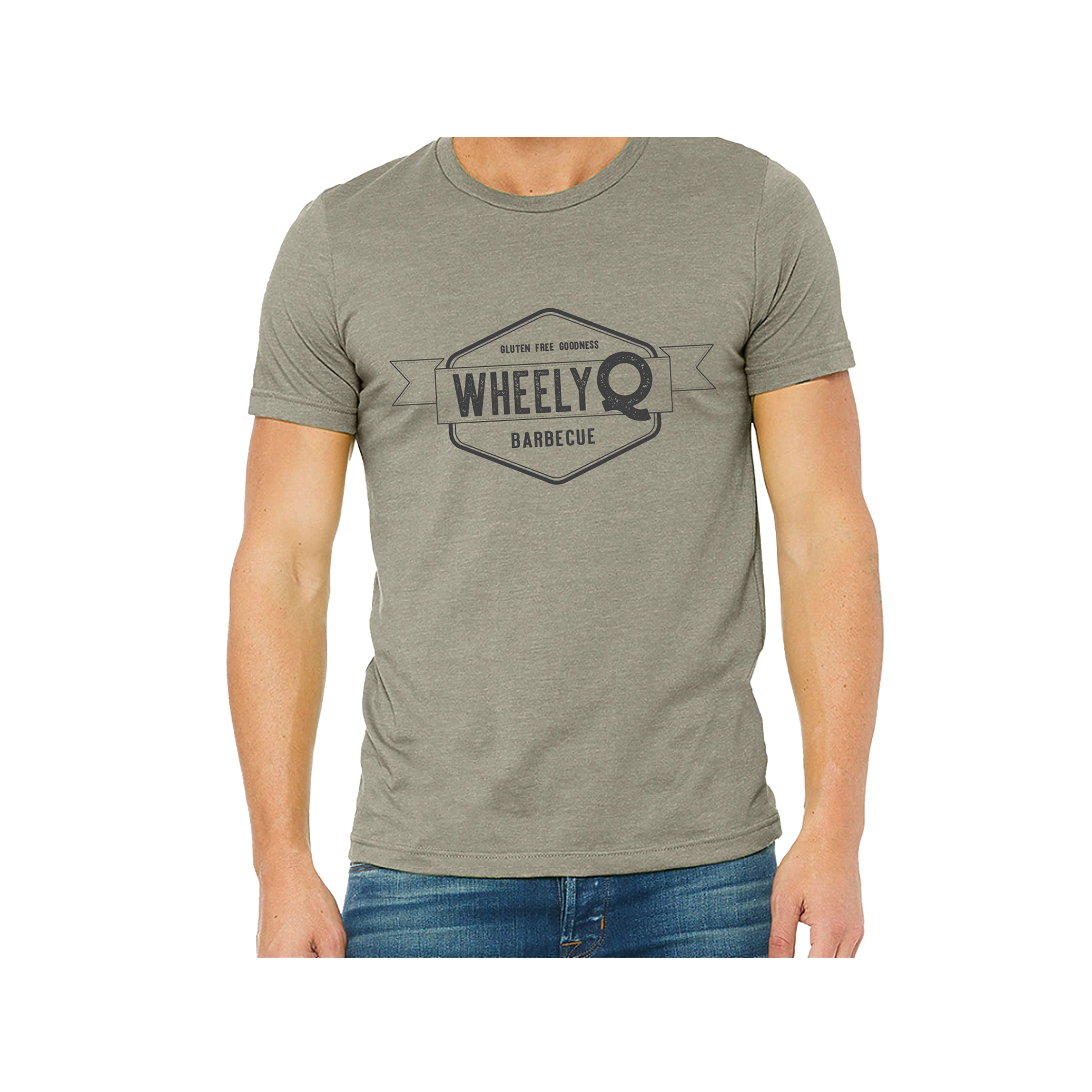 A heather stone colored t-shirt with the WheelyQ Barbecue logo on the front.